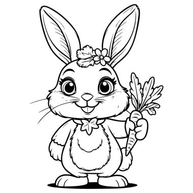 Siyah beyaz sayfa şeklinde havuç tutan tatlı tavşan çizimi.