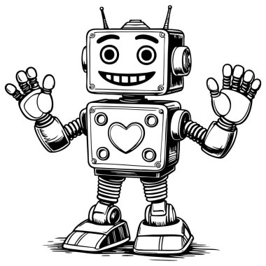 Çocuk boyama sayfaları için siyah-beyaz eski robot çizimi