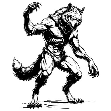 Siyah beyaz fantezi çizgileriyle vahşi kurt adam çizimi.