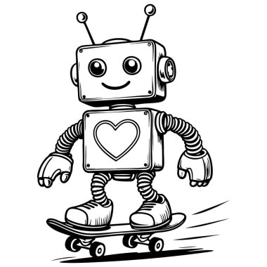 Çocuk boyama sayfaları için siyah beyaz çizgili kaykaya binen mutlu robot.
