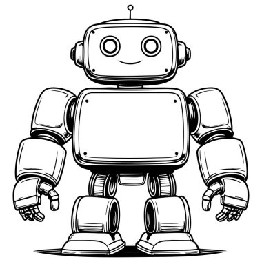 Siyah beyaz sayfa biçiminde basit dost canlısı robot illüstrasyonu