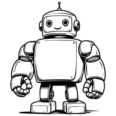 Çocuk boyama faaliyetleri için siyah beyaz çizgi sanatında dostane robot çizimi