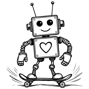 Dost canlısı robot karakter siyah-beyaz renkli bir kaykay üzerinde dengede duruyor.