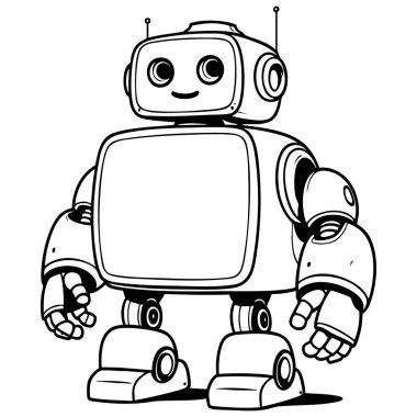 Çocuk boyama sayfaları için siyah beyaz sevimli robot karakter çizimi