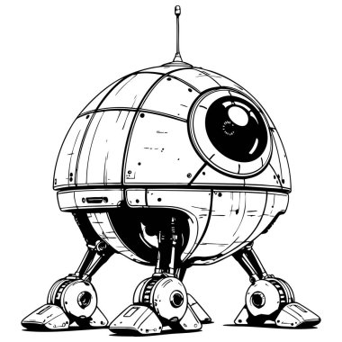 Siyah-beyaz çizgili bilim kurgu yürüyen robot çizimi