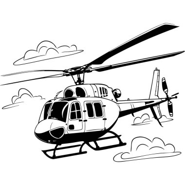 Gökyüzünde uçan detaylı helikopter boyama sayfaları için siyah ve beyaz çizgili resimlerle resmedilmiş