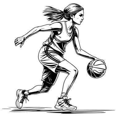 Hareket halindeki dinamik bayan basketbolcu boyama sayfaları için siyah-beyaz çizgili resimlerle resmedildi