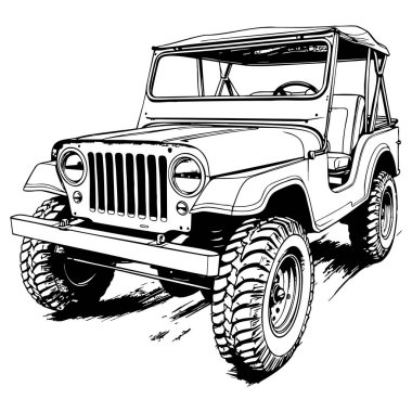 Renkli sayfalar ve otomotiv sanatı için siyah beyaz çizgili klasik off road cipi.