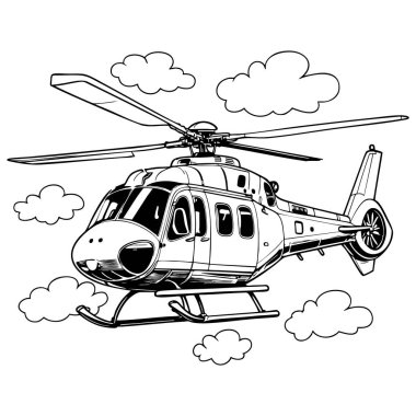 Gökyüzünde uçan şirin helikopter çizimleri çocukların boyama sayfası ve ulaşım temalı sanat eserleri için uygundur