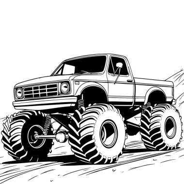 Renklendirme sayfası ve off-road araç sanatı için siyah beyaz resimli güçlü kaldırma canavar kamyon