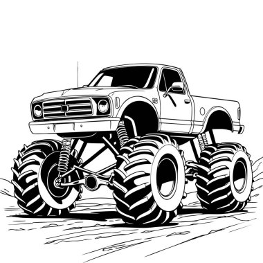 Güçlü canavar kamyon çizimi. Çocuklar için ideal. Sayfa ve araç temalı tasarımlar.