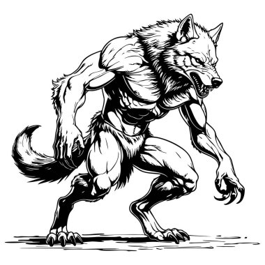 Fantezi renklendirme ve karanlık sanat temaları için kaslı vücutlu güçlü kurt adam çizimi