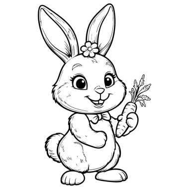 Tatlı tavşancığın elinde havuç çizimi çocuk boyama aktiviteleri ve hayvan temaları için mükemmel.