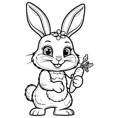 Sevimli tavşanın elinde havuç çizimi çocuk boyama ve hayvan eğlencesi için mükemmel.