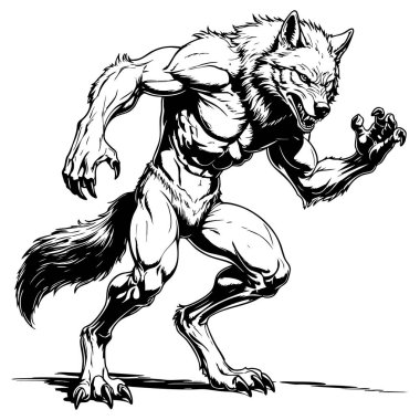 Fantezi renklendirme ve karanlık sanat için kaslı vücutlu vahşi kurt adam çizimi
