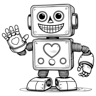 Arkadaşça gülümseyen robot çizimi sayfaları boyamak ve yaratıcı öğrenme için mükemmel.
