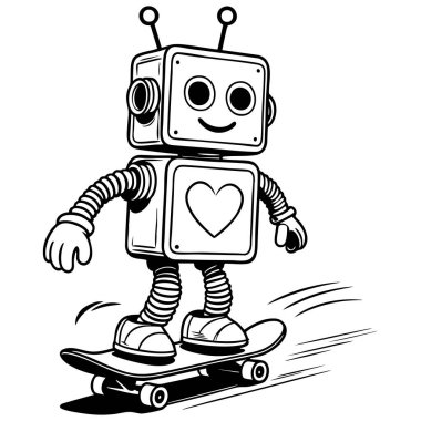 Kaykay süren sevimli robot çocuk boyama ve eğlence aktiviteleri için mükemmel.