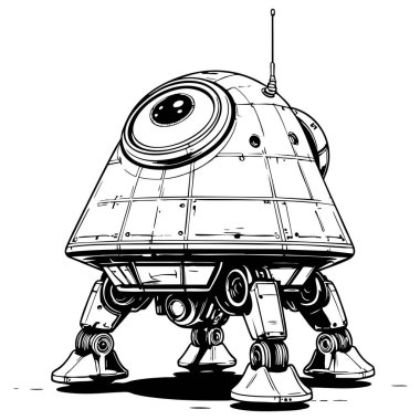 Renkli sayfalar ve fütüristik temalar için detaylı bilim kurgu yürüyen robot çizimi