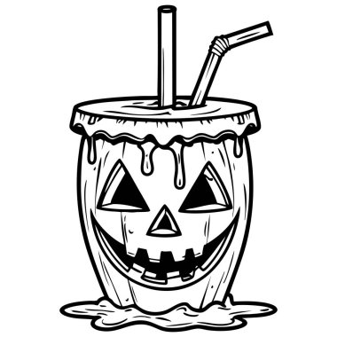 Cadılar bayramı renklendirme eğlencesi için ürkütücü balkabağı yüzlü içecek kabağı çizimi
