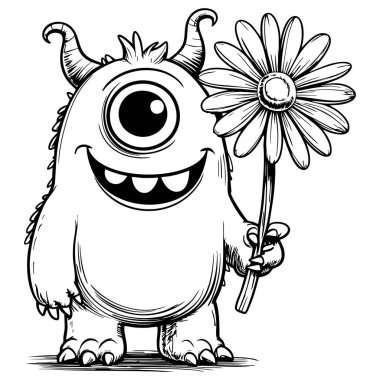Çocuk boyama faaliyetleri için tasarlanmış çiçekli gülümseyen canavar karakter.