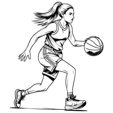 Spor boyama sayfaları için top süren atletik kadın.