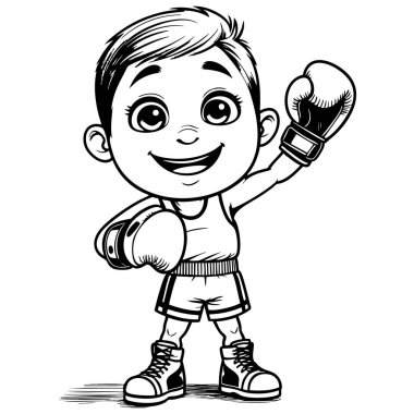 Çocuklar için boks eldiveni giyen mutlu çizgi film çocuğu.