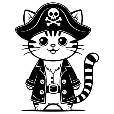 Siyah beyaz çizgili sevimli korsan kedi karakteri çocuklar için ideal sayfa maskotu tasarımı ve eğlenceli çizimler