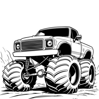 Renkli sayfalar otomotiv sanatı ve baskı tasarımı için uygun geniş çizgili lastik ve kalın çizgili siyah beyaz canavar kamyon çizimi