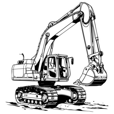 Renklendirme sayfaları, inşaat temaları ve ağır ekipman grafikleri için mükemmel siyah beyaz çizgili kazı makinesi