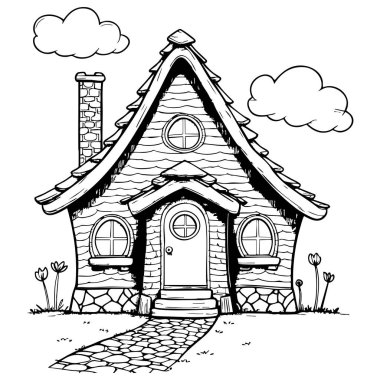 Renklendirme sayfaları için uygun siyah beyaz çizgili güzel ev çizimleri çocuk sanatı ve peri sahneleri.