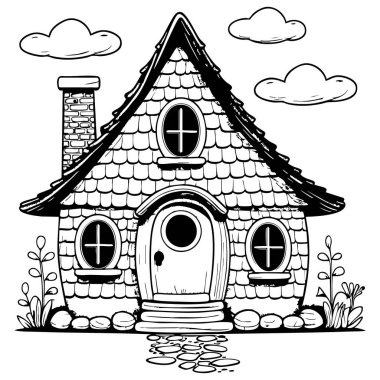 Siyah-beyaz çizgili tuhaf bir peri masalı kulübesi boyama sayfaları, masal sahneleri ve fantezi sanatı için ideal.