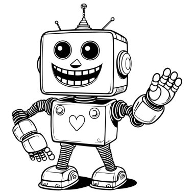 Arkadaşça gülümseyen robot siyah-beyaz çizgili el sallıyor. Çocuklar için mükemmel bir resim. Sayfalar maskot ve eğlenceli çizimler.