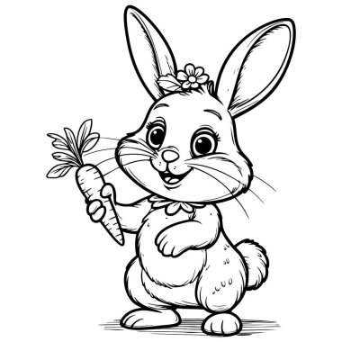 Mutlu tavşan karakteri havucu temiz siyah beyaz çizgi şeklinde tutuyor. Resim sayfaları için uygun. Sanat ve eğlence tasarımları.