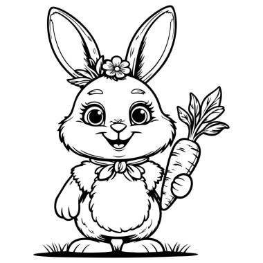 Siyah beyaz çizgili havuç tutan sevimli bir tavşancık. Sayfaları boyamak ve şirin hayvan sanatı yapmak için ideal.
