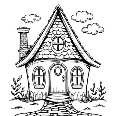 Siyah beyaz çizgili tuhaf bir yazlık ev. Sayfalar boyamak için uygun. Hikaye sahneleri.