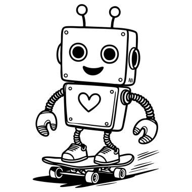 Siyah beyaz çizgili kaykaya binen dost canlısı robot çocuklar için ideal. Sayfaları boyamak eğlenceli teknoloji ve çizgi film sanatı.