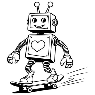 Çizgi film robotu kaykaya biniyor. Temiz siyah beyaz çizgili sanat tarzı. Boyama sayfaları çocuklar ve teknoloji temalı sanat için mükemmel.