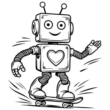 Gülümseyen robot kaykayı dinamik siyah-beyaz çizgili sanat tarzıyla boyama sayfaları için uygun çocuk sanatı ve eğlenceli çizimler.