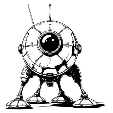 Birinci raunt bacakları kalın siyah beyaz çizgili bilim kurgu sanatı sayfaları için uygun bir robot.