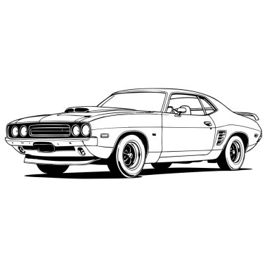 Siyah beyaz çizgili klasik Amerikan kaslı arabası boyama sayfaları otomotiv ve klasik araba hayranları için mükemmel.