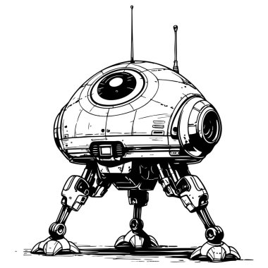 Siyah beyaz çizgili mekanik bacakları olan gelecekteki yürüyen robot bilim kurgu ve teknoloji temalarını boyamak için ideal.