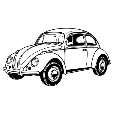 Renklendirme sayfaları ve klasik araba sanatı için ideal siyah beyaz çizgili klasik böcek araba illüstrasyonu