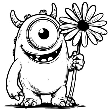 Mutlu tek gözlü canavar koyu siyah beyaz çizgili çiçek tutuyor. Sayfaları boyamak için uygun bir sanat tarzı.