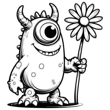 Dost canlısı tek gözlü canavar elinde siyah beyaz çizgili çiçek tutuyor. Sanat sanatı sayfaları boyamak için mükemmel.