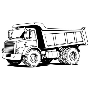 İnşaat işleri için büyük bir çöp kamyonu. Renklendirme sayfaları için koyu siyah-beyaz çizgili sanat tarzıyla çizilmiş.