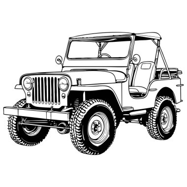 Renkli sayfalar ve otomotiv sanatı için ideal siyah beyaz çizgili klasik arazi cipi.