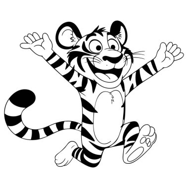 Cesur siyah beyaz çizgili kolları açık atlayan neşeli kaplan çizgi filmi çocuk boyama sanatları için.