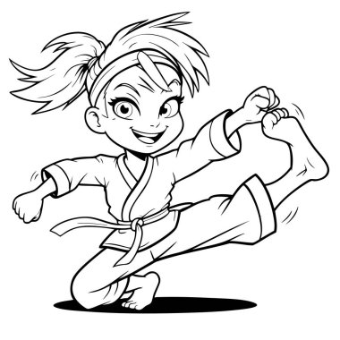 Çocuk boyama aktiviteleri ve dövüş sanatları temaları için ideal enerjik karateci kız çizimi