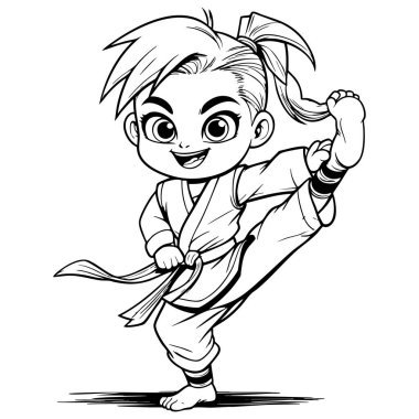 Sevimli karateci kız, çocukların eğlence ve dövüş sanatları yaratıcılığını renklendirmek için tasarlanmış yüksek tekme illüstrasyonunu yapıyor.