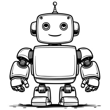 Çocukların eğlence ve basit teknoloji temalı öğrenme renkleri için yaratılmış dostane robot karikatür çizimi